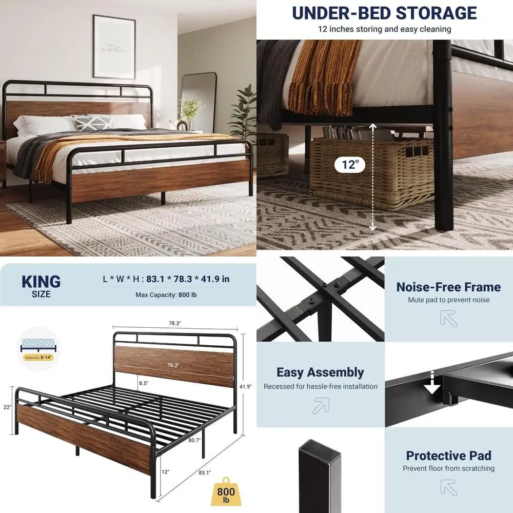 Letto matrimoniale king size in noce con supporto a doghe in legno, contenitore sottoletto, senza rete a molle, resistente, facile da montare, silenzioso