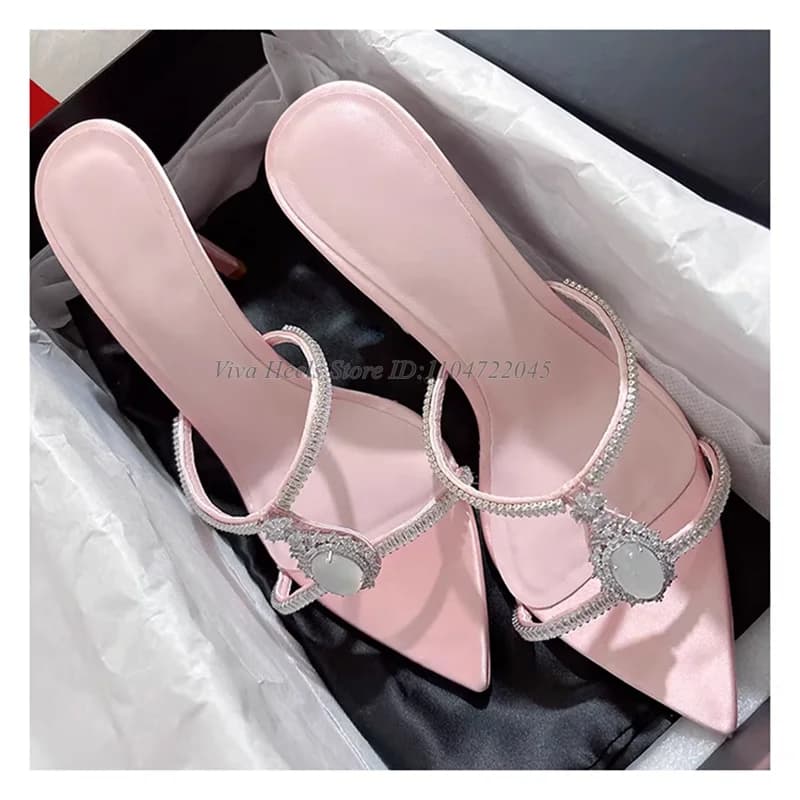Pantofole con diamanti in cristallo di raso rosa/nero da donna eleganti scarpe da sposa estive con punta aperta e tacchi alti di design di lusso