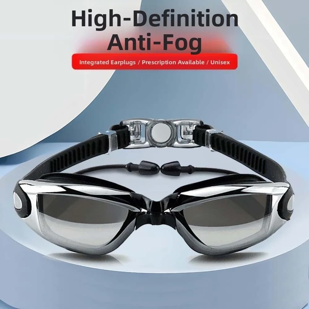 Waterproof Myopia Swim Goggles Electroplating Big Frame Swim Glasses with Earplugs Adjustable 3D Fit Anti-fog Swimming Eyewear