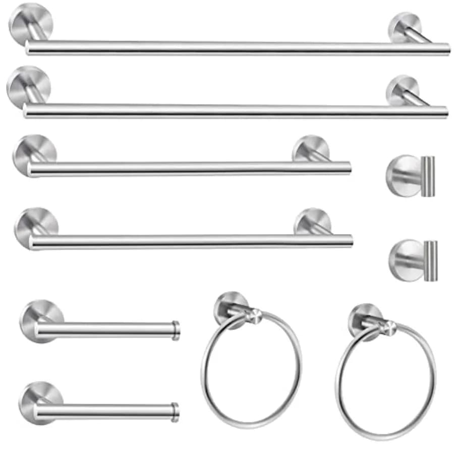 Set di accessori da bagno in nichel spazzolato da 10 pezzi, portasciugamani da 24 pollici in nichel spazzolato, anello portasciugamani, porta carta igienica, gancio per accappatoio, gancio per asciugamani a S