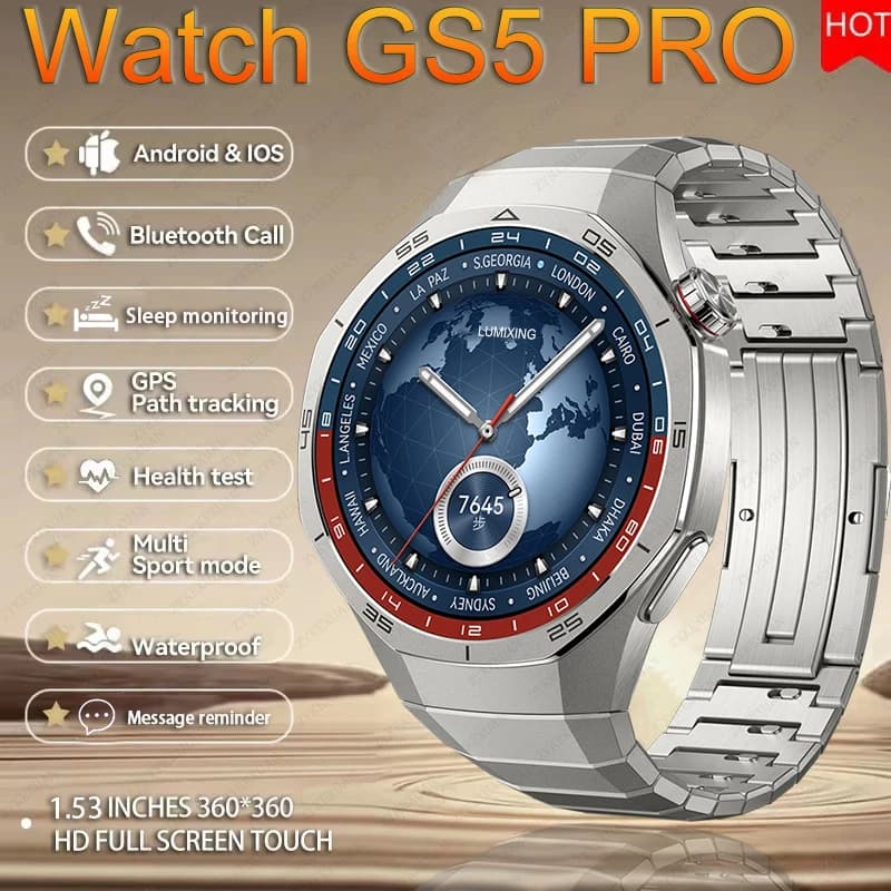 Nuovo Smartwatch 5 PRO 2025 con GPS, Tracciamento del Movimento, Schermo HD, Chiamate Bluetooth, NFC, Orologio Intelligente da Uomo per Sport all'Aperto