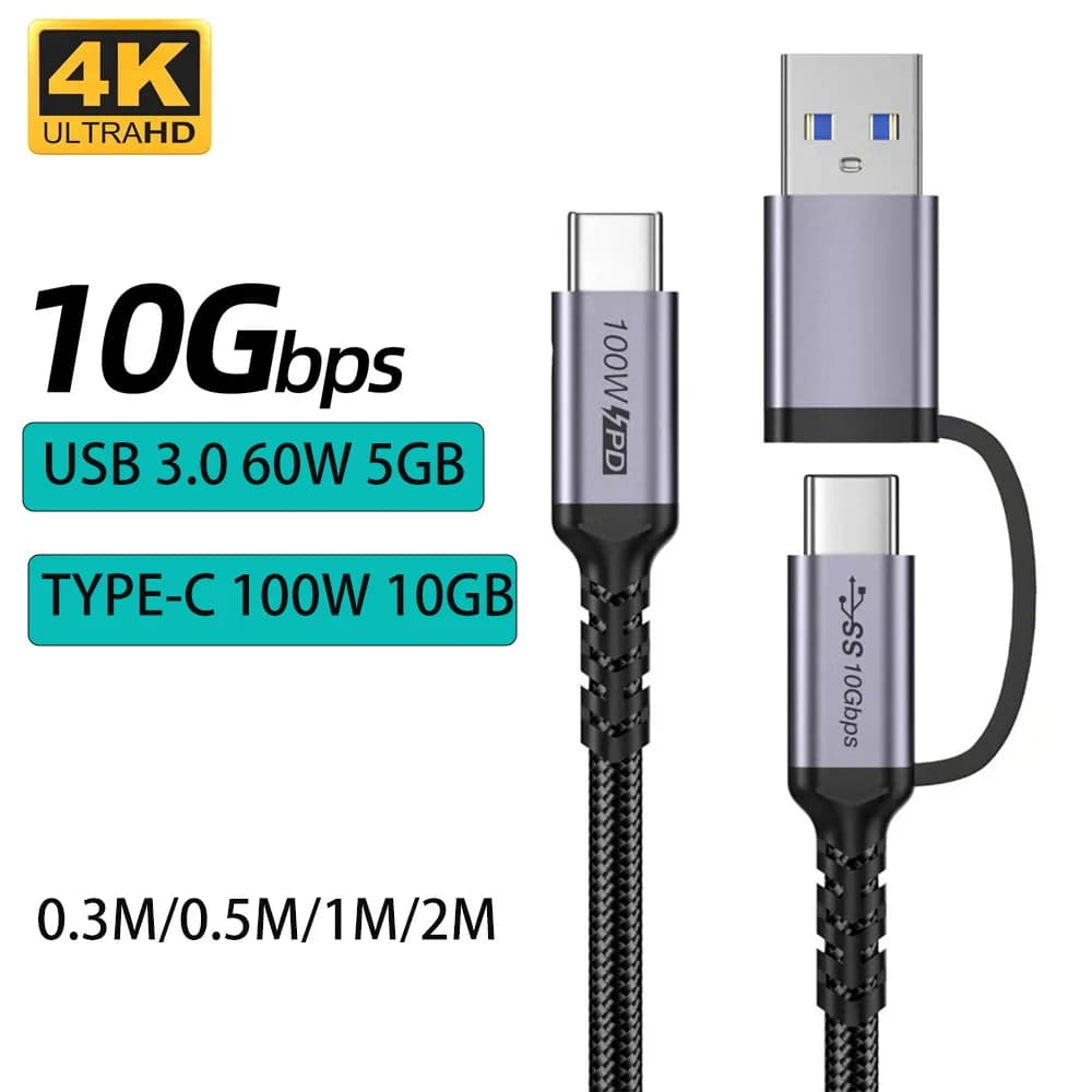 Cavo dati 2 in 1 USB 3.0 10 Gbps USB C/A a Type-C ThunderBolt 3 4K a 60 Hz PD100W Caricabatterie rapido per MacBook Pro Samsung Xiaomi