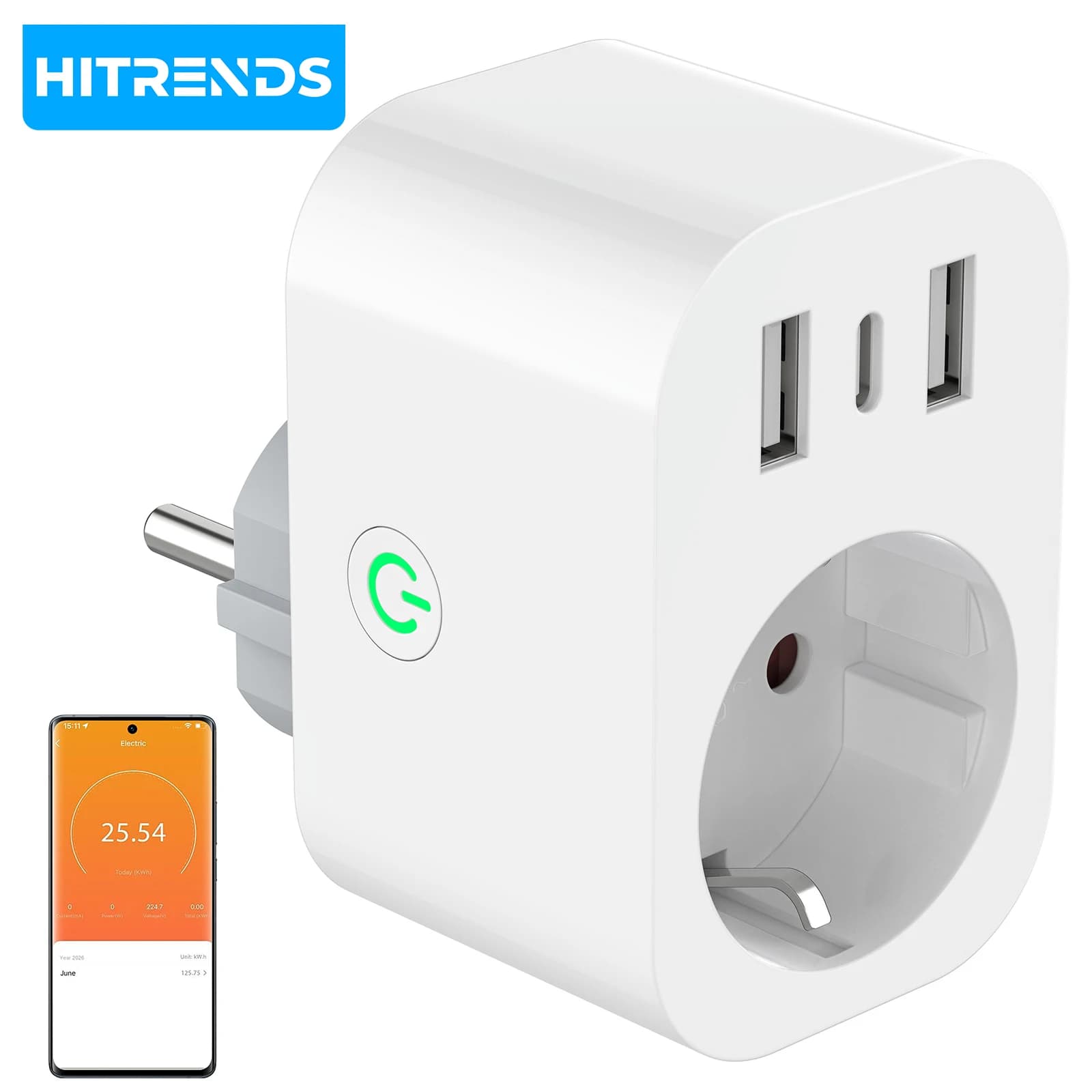 HITRENDS smart socket with WIFI and USB, power measurement, remote control via the Smart Life app, voice control Alexa