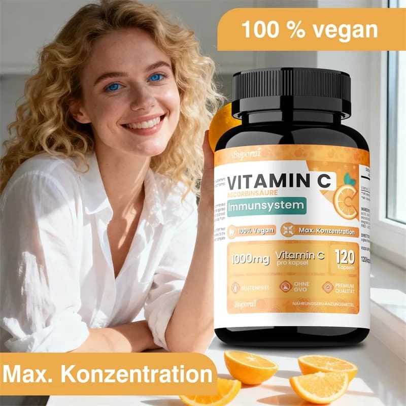 Vitamin C Capsules 1000mg - for the Immunitary System, Skin Health, Potent Antioxidant Supplement, Vegan, Without Glutine