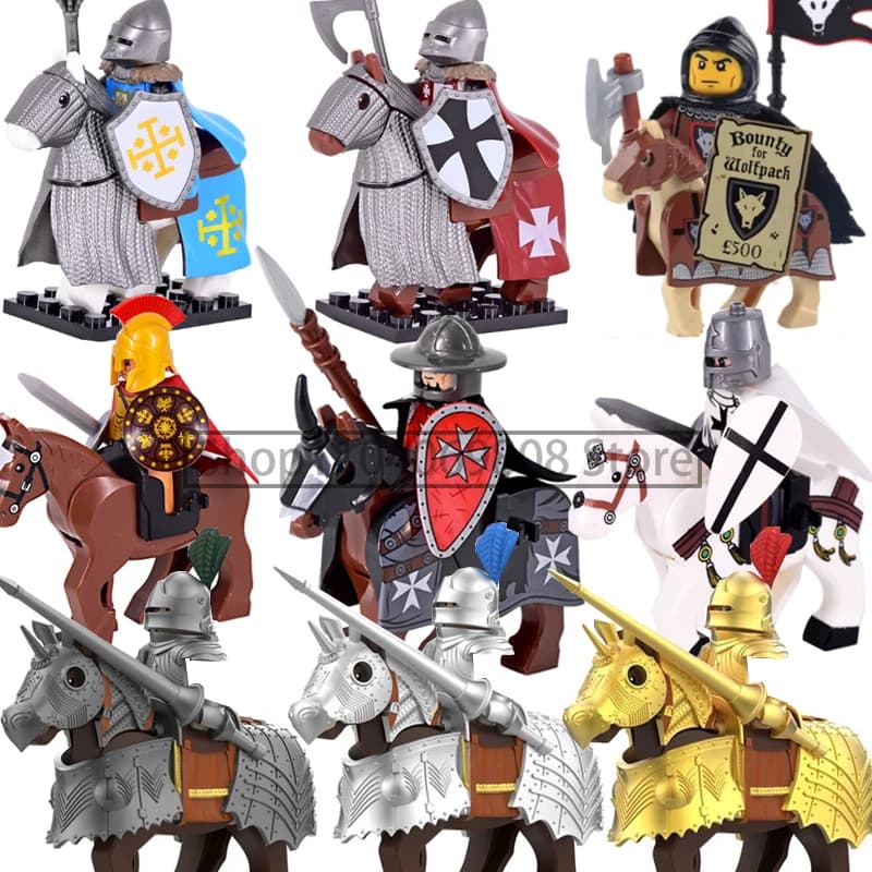 Soldato medievale Figure Building Blocks Militare Lupo Cavaliere Roma Guerriero Cavaliere d'oro Cavallo da guerra Accessori Ragazzo Giocattolo Regalo N07