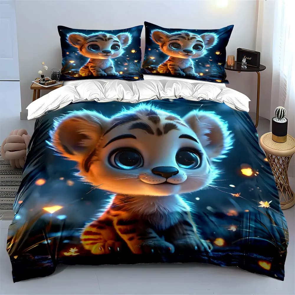 Adorable tiger cub in glowing forest Printed Duvet Cover Set 1 Duvet Cover+2 Pillowcase Multi Size Bedroom Bedding Decoration