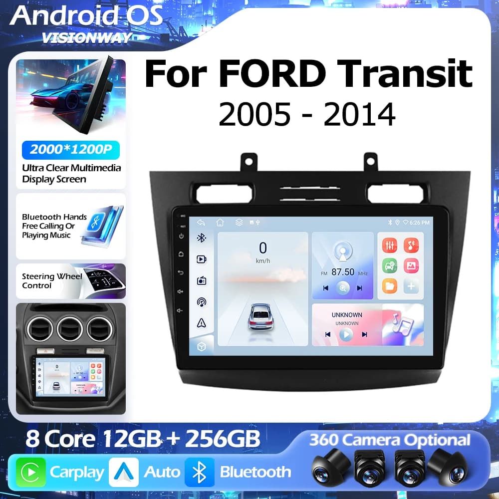 Per FORD Transit/Tourneo Connect 2005-2014, Lettore Multimediale Android 16 QLED 2000*1200P 8 Core con GPS, CarPlay Wireless e WIFI