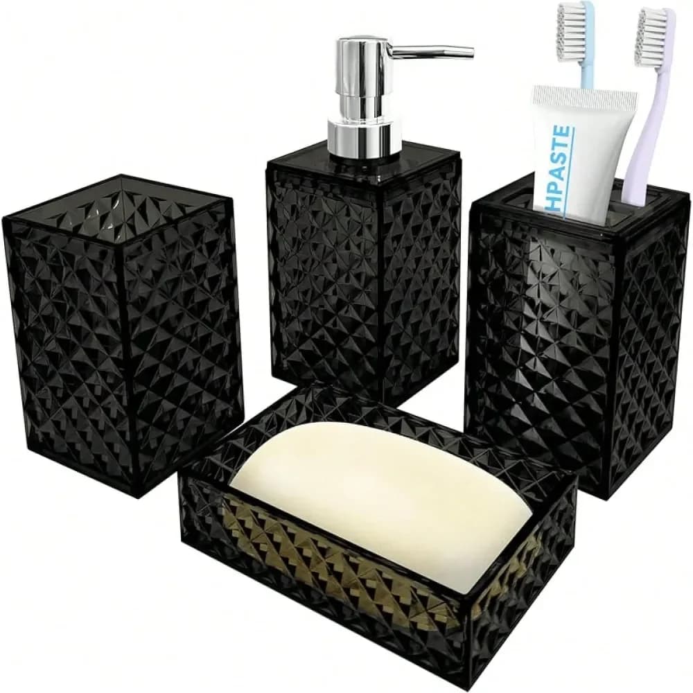 Set di accessori, set di accessori da bagno neri da 4 pezzi, set dispenser per sapone e porta spazzolino, portasapone e tazza per collutorio, Boh