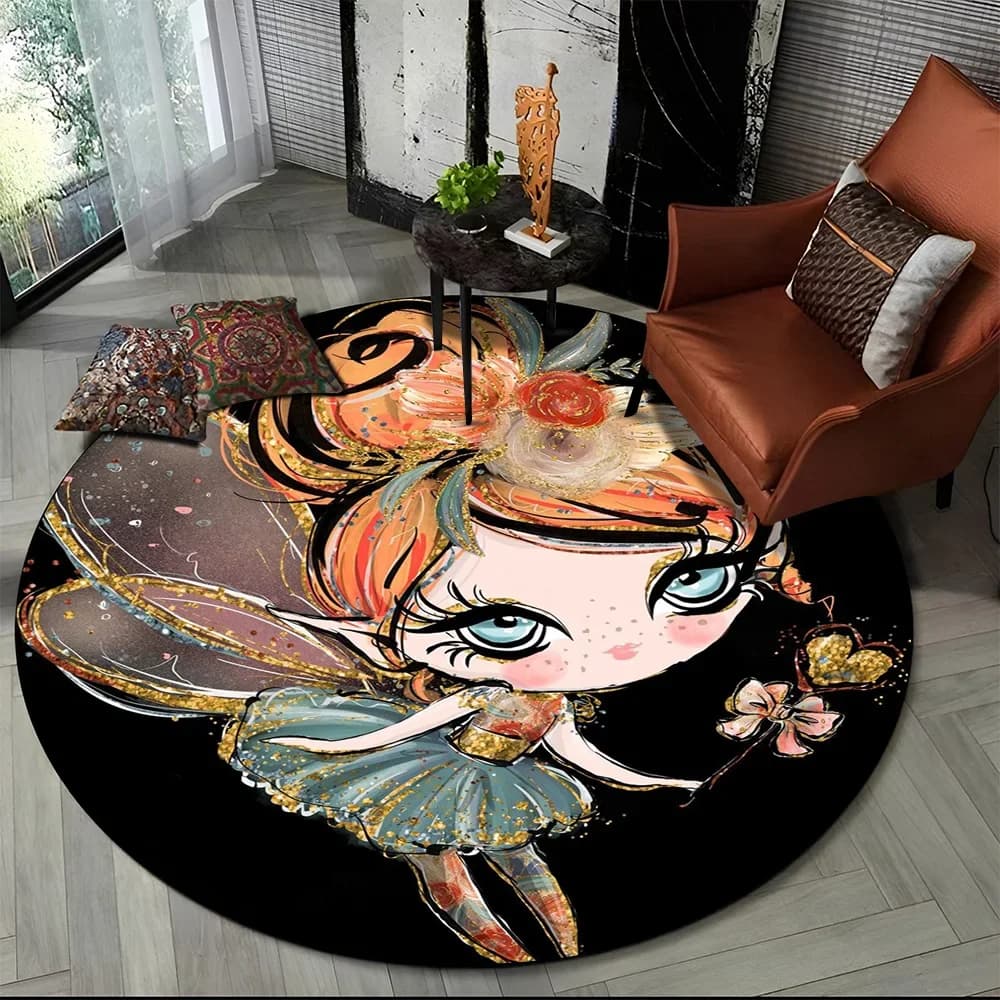 3D Cute Ballet Girl Ballerina Fairy Cartoon Area Rug,Round Carpet for Living Room Bedroom Sofa Decoration,Kid Non-slip Floor Mat