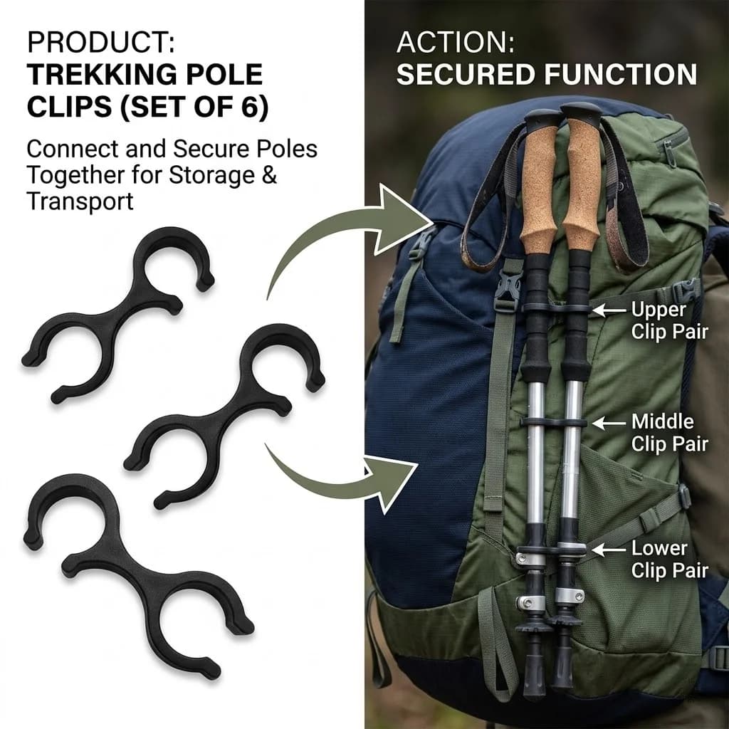 10 Piece Shaped Clips 8 for Trekking Sticks, Quick Hook, ABS Stand for Hiking Sticks, Backpack Accessories and Outdoor Camping Equipment