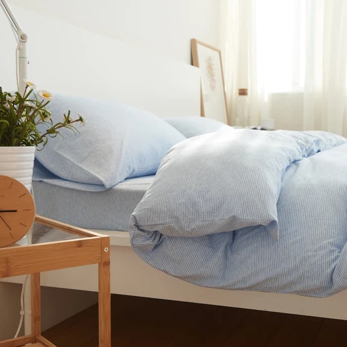 New Naked Sp Cotton Bamboo Four-Piece Bedding Set Knitted Stripe Simple Design Bed eet Cover Duvet Cover Bed Skirt Kit