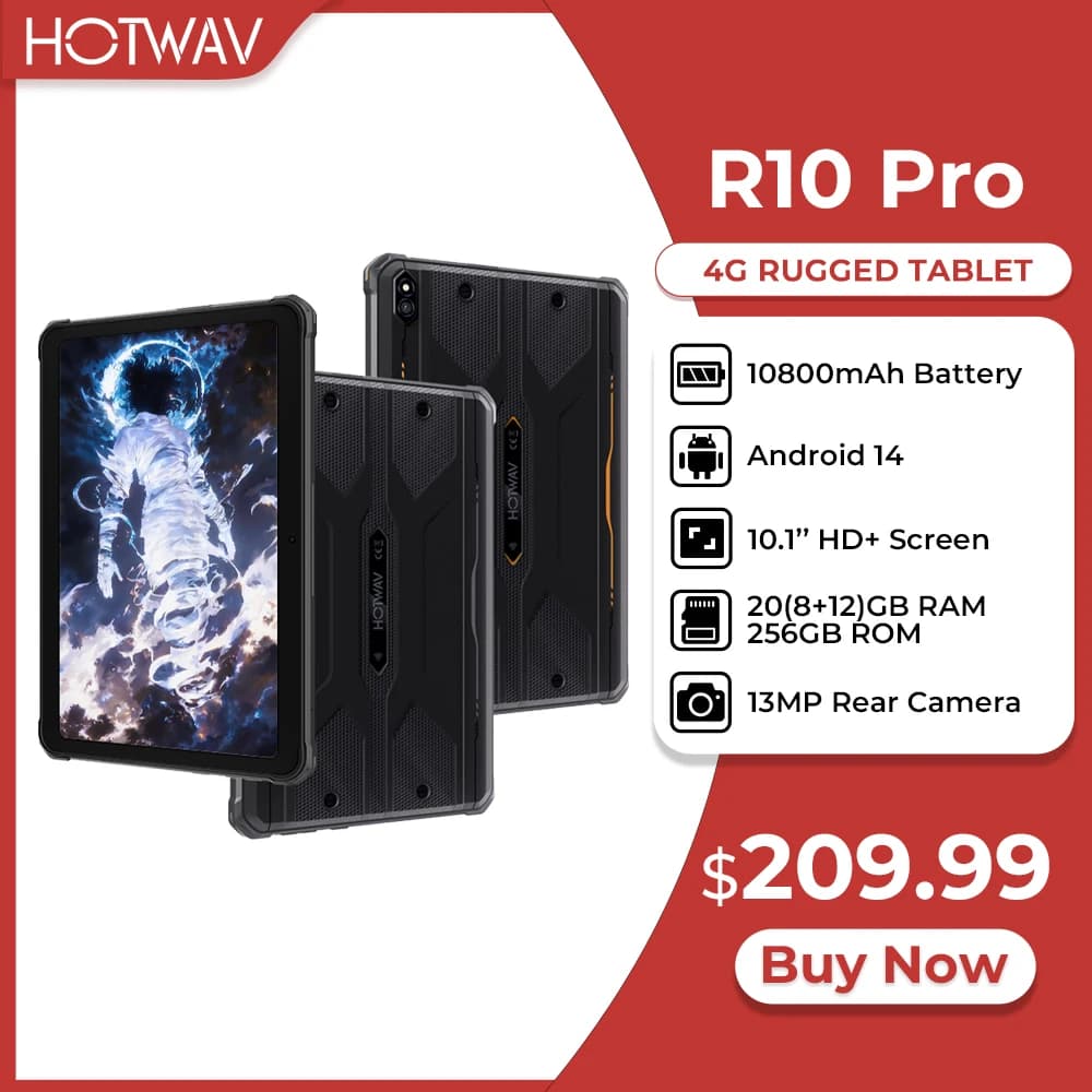 HOTWAV R10 Pro Tablet robusto 10800mAh Batteria massiccia 10.1 ''HD + Display Pad Android 14 8GB 256GB 13MP 4G Global Tablet PC