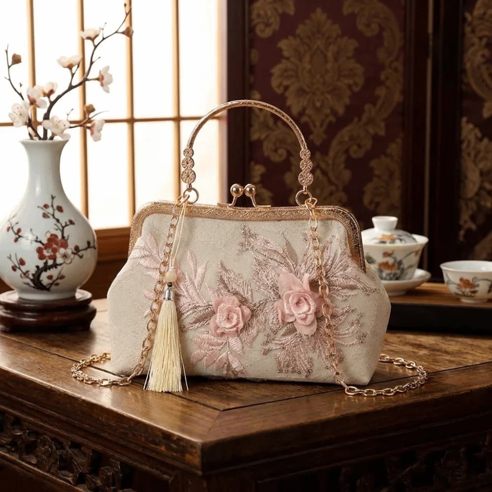 Vintage Embroidered Kiss Lock Handbag Small Square Chinese Style Floral Lace Evening Bag Top-Handle Tassel Pearl Chain Bag Bride