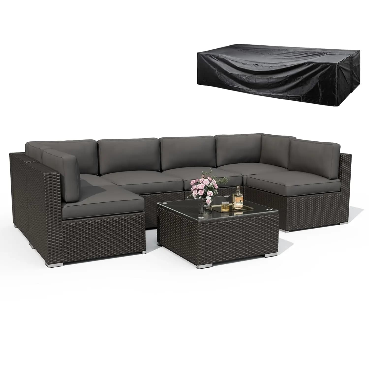 Set di 8 Pezzi di Mobili da Esterno con Copertura Impermeabile, Set Divano Sezionale in Vimini Nero Marrone, Divano da Esterno, Personalizzabile