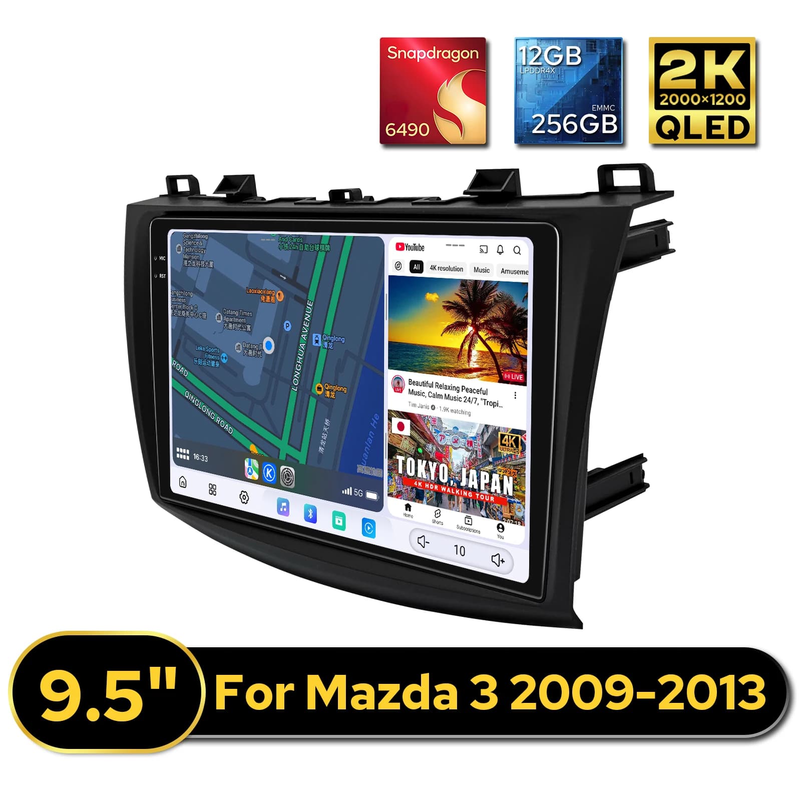 Autoradio Premium 9.5'' per Mazda 3 2009-2013, Lettore Multimediale Android 2K QLED 12+256GB, CarPlay, Doppio Bluetooth, Plug&Play