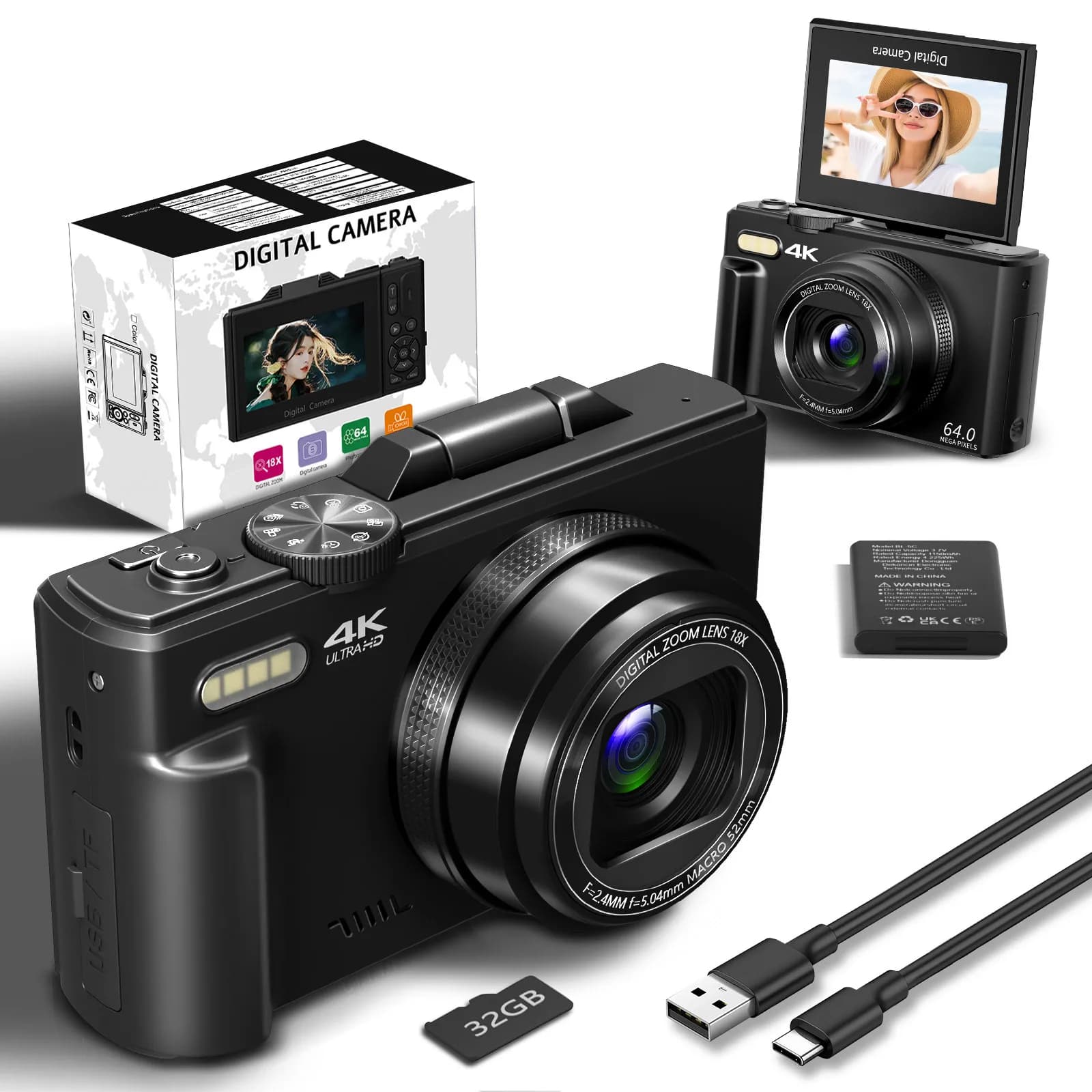 Fotocamera digitale compatta 4K, zoom digitale 18x, videoregistratore vlog vintage per YouTube, 180 ° schermo ribaltabile, webcam WiFi