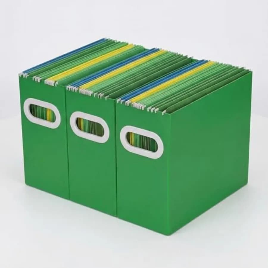 Hanging File Organizer Box, 3 Pack Green Cardboard File Folder Holder for Letter Size, Portable Desk Document Storage with Hand