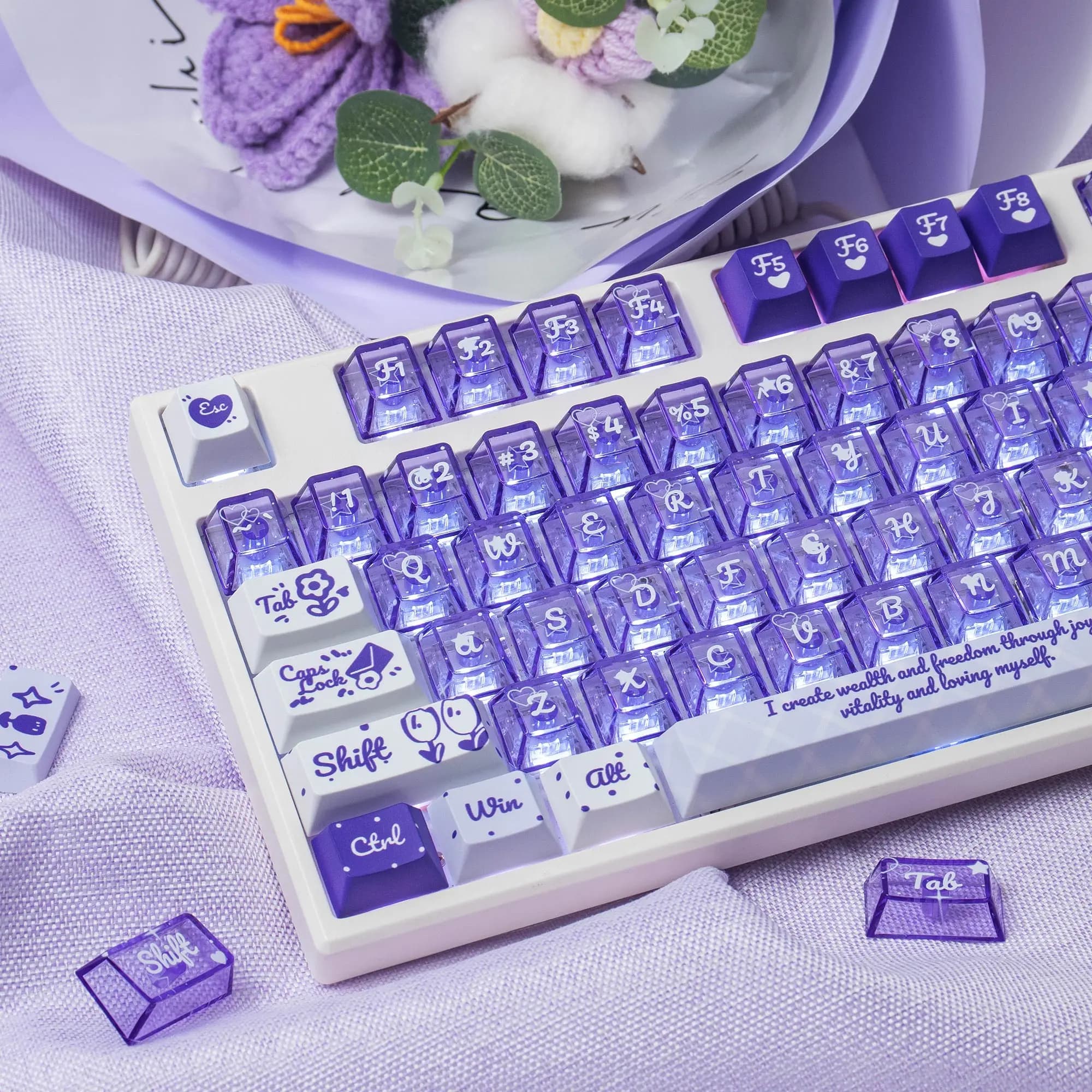 Keycaps con Fiori Viola Sfumati RGB Trasparenti Stile Carino in PC+PBT, Profilo Cherry, Keycaps Dye-Sub per Tastiera Meccanica
