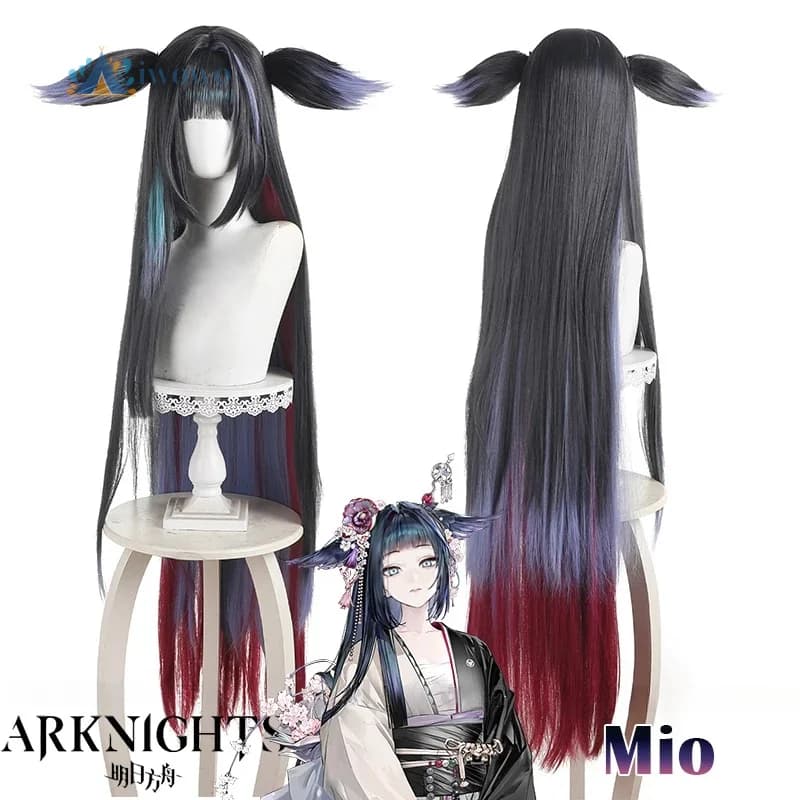 Parrucca cosplay Arknights Mio Nero Viola Blu Capelli lunghi lisci con frangia smussata Parrucche resistenti al calore per le donne Ragazze Protezione parrucca gratuita