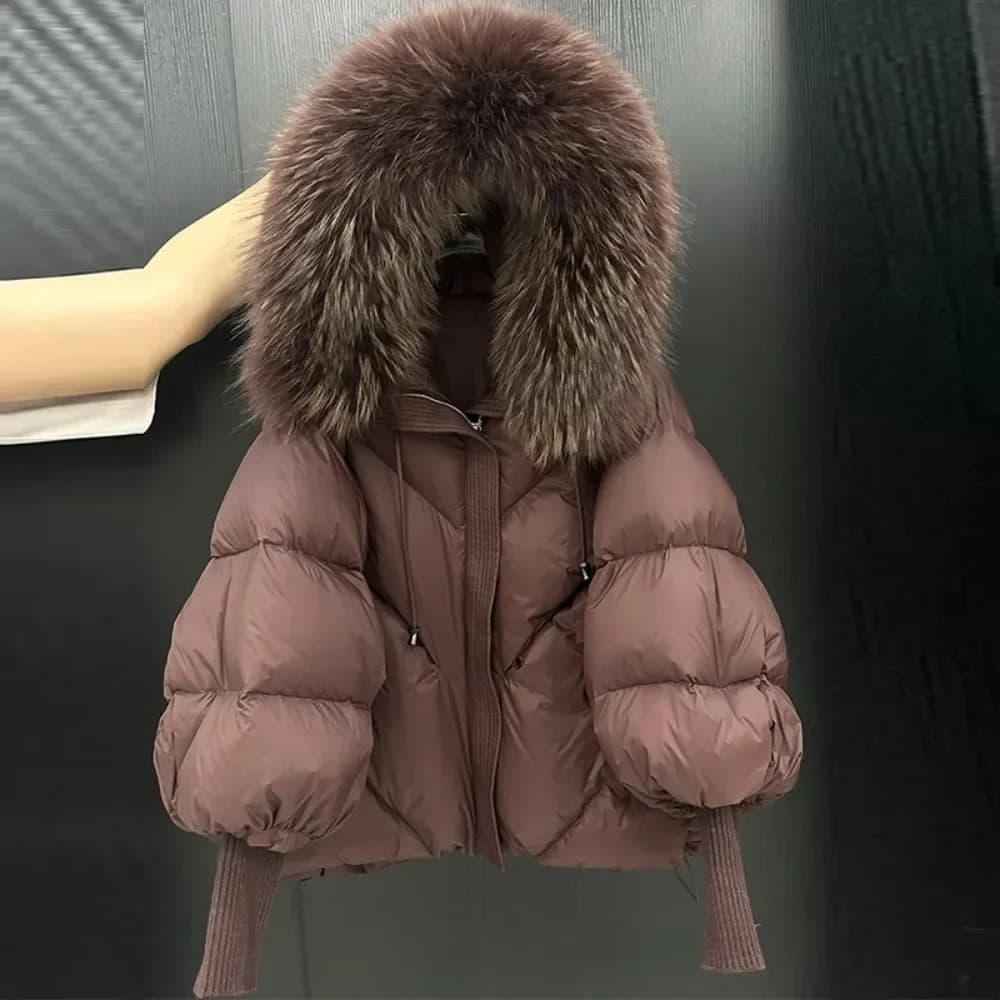 Cappotto Giacca invernale da donna Grande piumino con cappuccio in vera pelliccia da donna Addensare caldo cappotto con maniche lavorate a maglia Piumino d'anatra bianco Parka medio