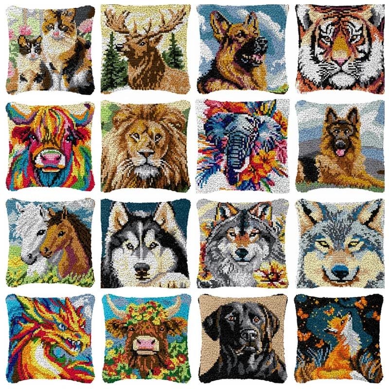 Leone Tigre Lupo Animale Gancio di chiusura Cuscino Federa Uncinetto Tappeto Ricamo Cuscino Gancio di chiusura Kit Nodo lavorato a maglia Tappeto Fai da te