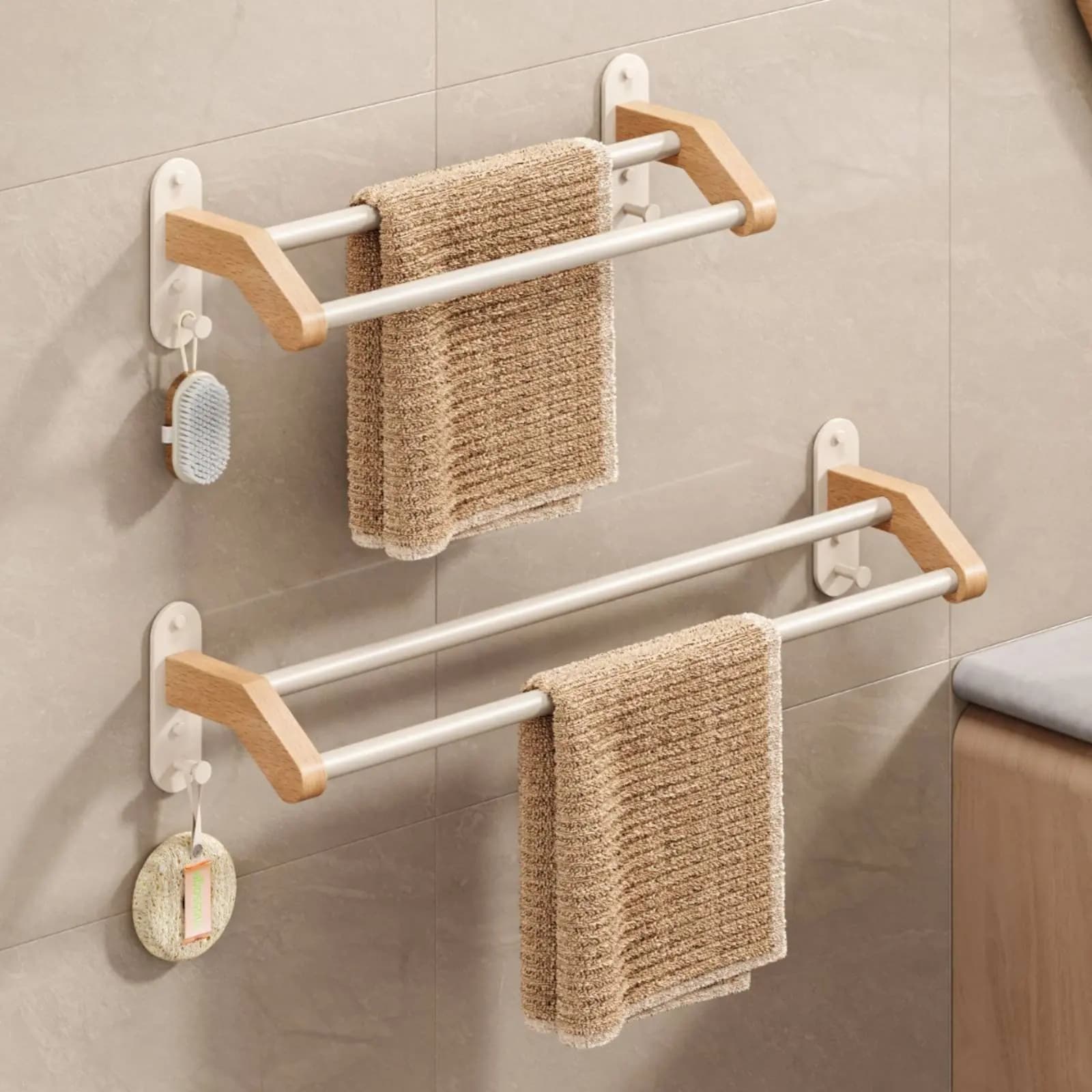 Portasciugamani in legno salvaspazio, doppio, per bagno, resistente e antiruggine
