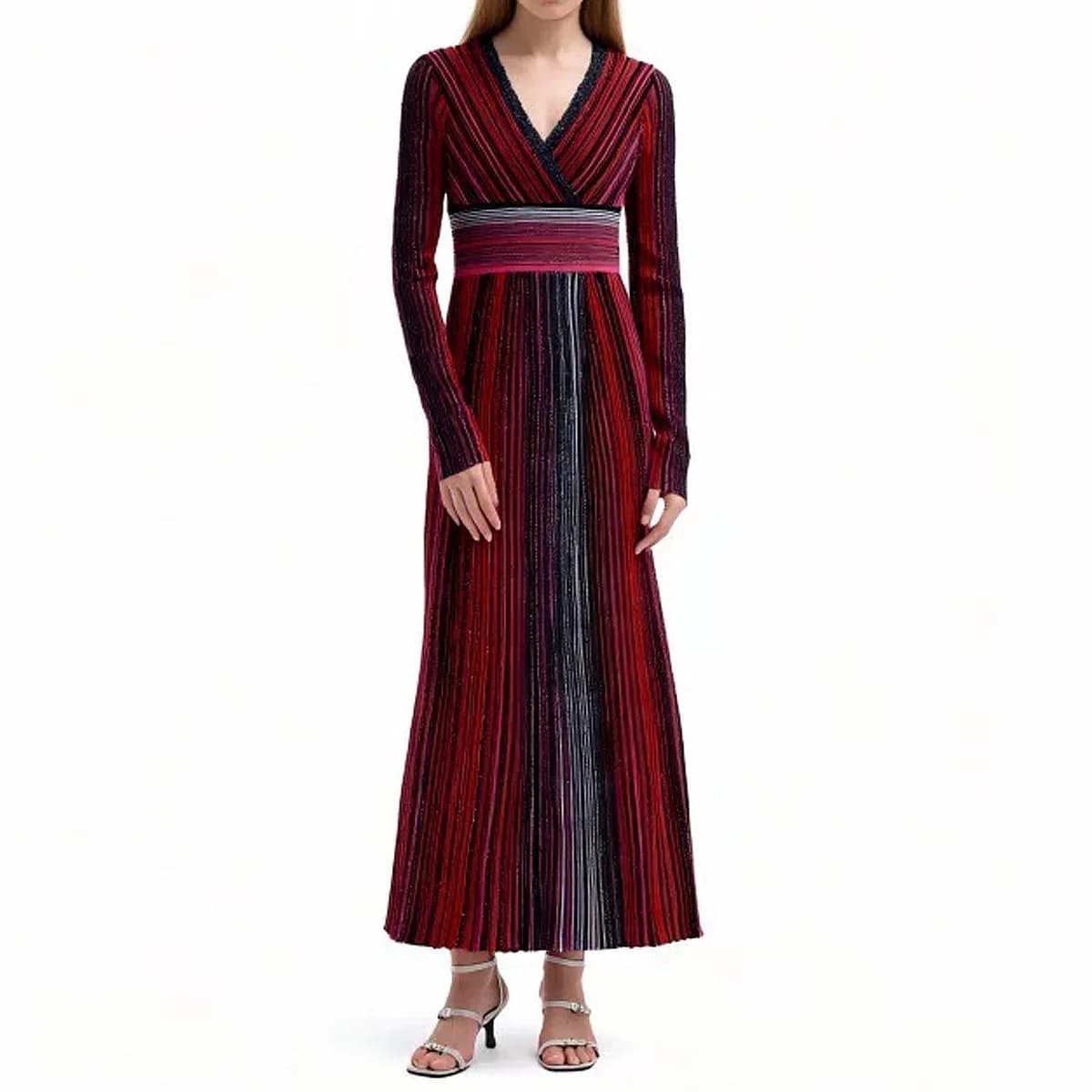 Women's 2025 autumn and winter new V-neck dress vertical stripes long sleeves slim fit slit elegant midi robe