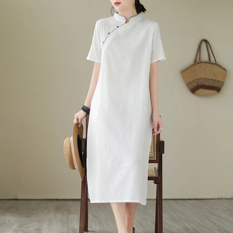 Summer Retro Chinese Style Cheongsam Dress Knee-Length Short Sleeve Cotton Linen Chinese Traditional Dress for Women TS-844
