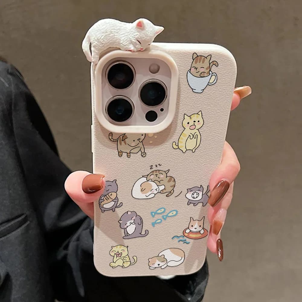 Cute 3D Cat Phone Case for iPhone 11 Funda iPhone 13 17 Pro Max 16 15 14 Plus 12 17 Air Shock Silicone Leather Cover