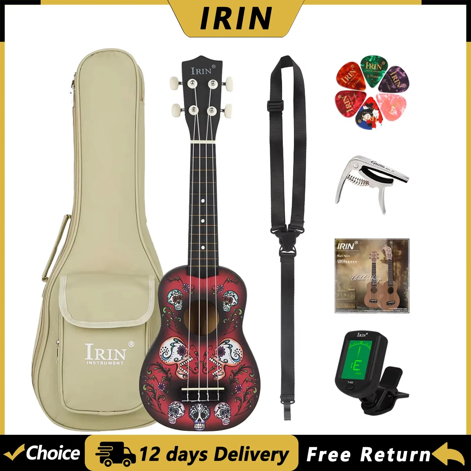 IRIN Ukulele 21 Pollici a 4 Corde, Chitarra Hawaiana con Borsa, Corde, Plettri, Accordatore, Parti e Accessori per Chitarra