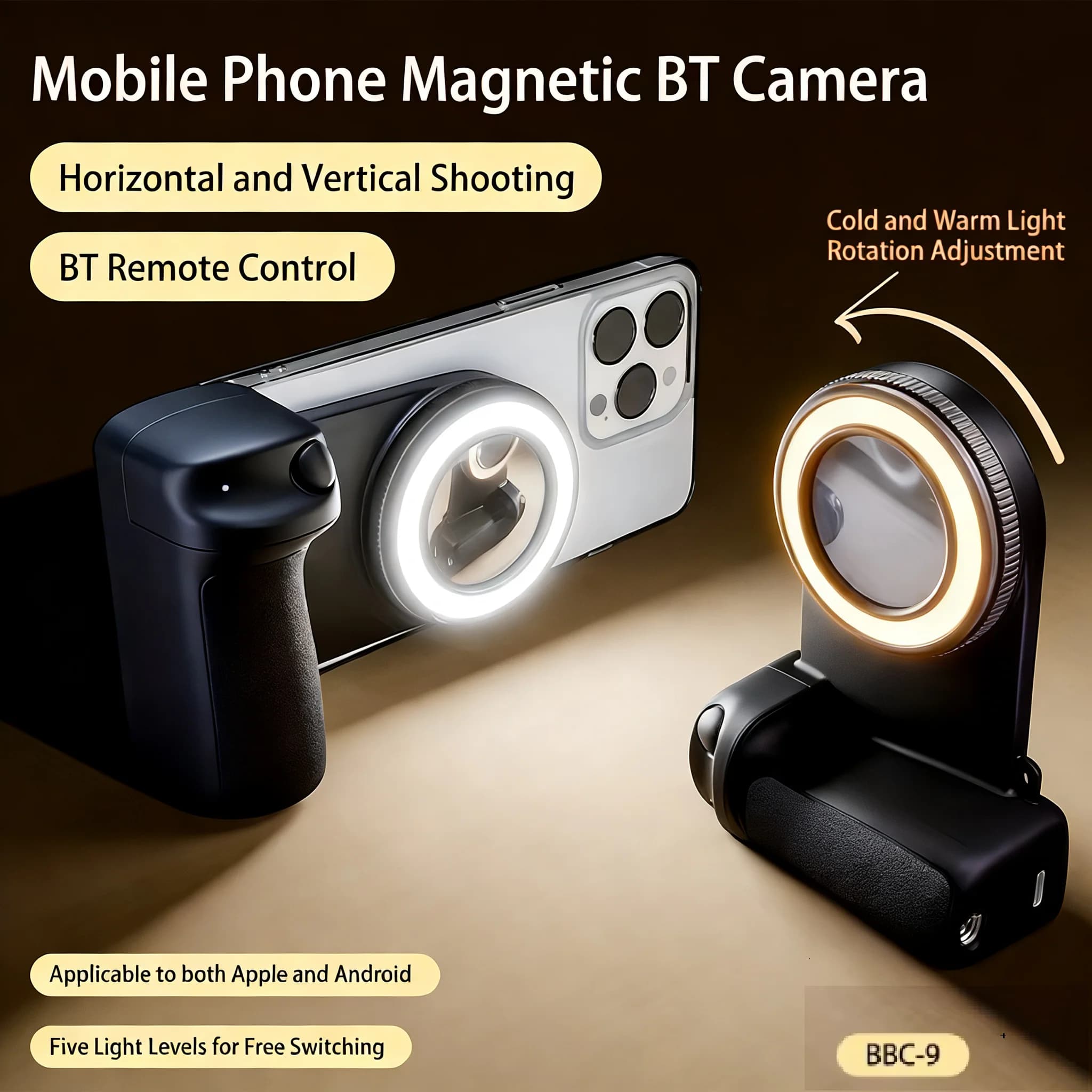 Magsafe Magnetic Grip for Smartphone Camera, Anti-vibration Bluetooth Stabilizer for Vlog and Selfie with Filling Light for iOS and Android Phones