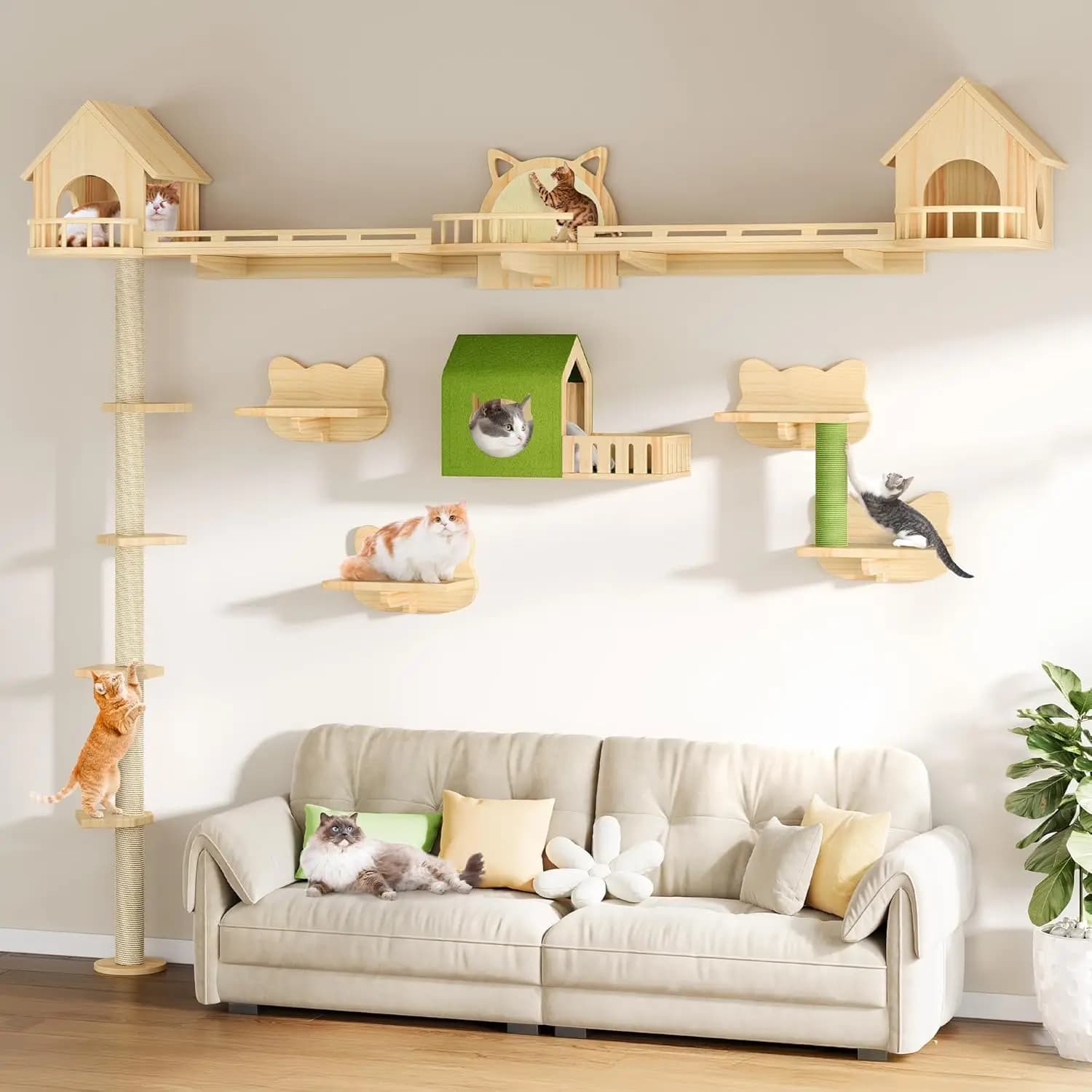 Torre per Gatti in Legno Massello da Pavimento a Soffitto, con Mensole a Parete, Posatoi, Tiragraffi, Mobili, Case per Arrampicata, Gradini e Tappeto Rampicante