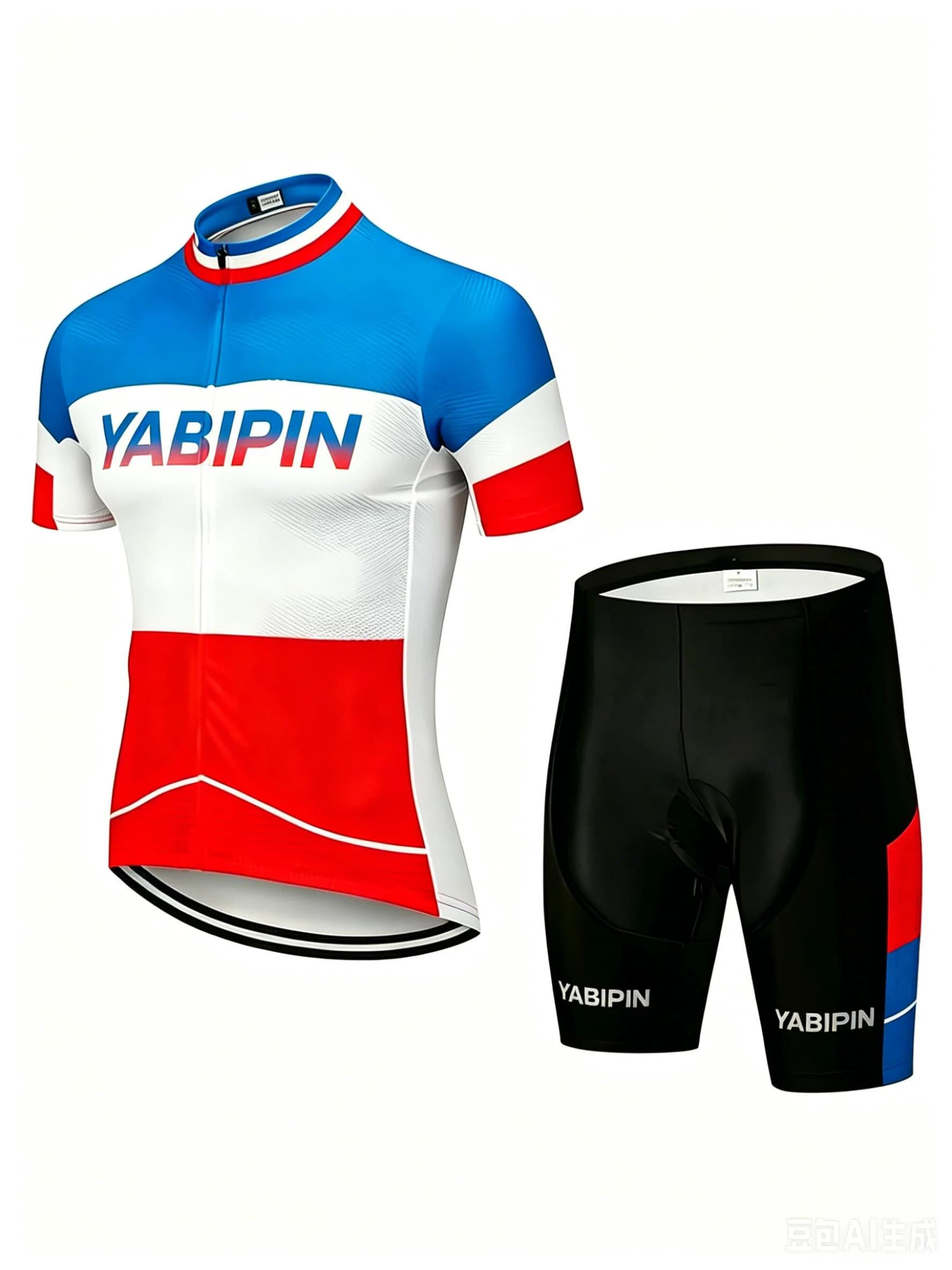 Set da mountain bike da uomo, pantaloncini a maniche corte con colletto alto e zip intera con stampa di lettere, maglia da ciclismo traspirante ad asciugatura rapida
