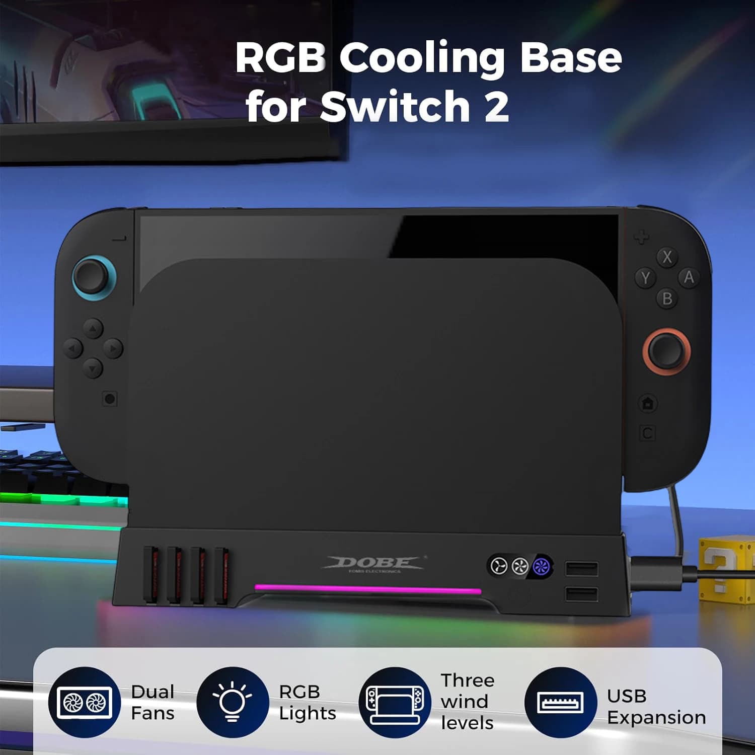 Spina di espansione USB con illuminazione RGB a doppia ventola per Nintendo Switch 2 Dispositivo di raffreddamento console migliorato con doppia tecnologia di raffreddamento