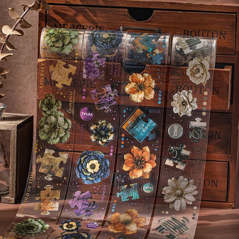 Journal GO 5x200 cm Set di frammenti di ombretti floreali Puzzle floreale vintage Adesivi con nastro in PET Materiale creativo per collage di ufficiale fai-da-te