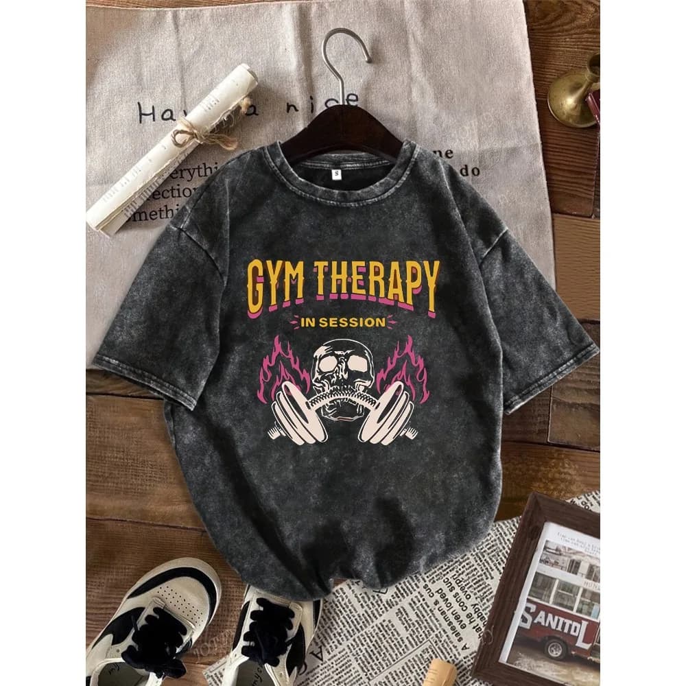 T-shirt Vintage Oversize da Uomo con Stampa Teschio e Manubrio Effetto Acido, Stile Streetwear Casual, per Palestra, Terapia, Bodybuilding e Allenamento
