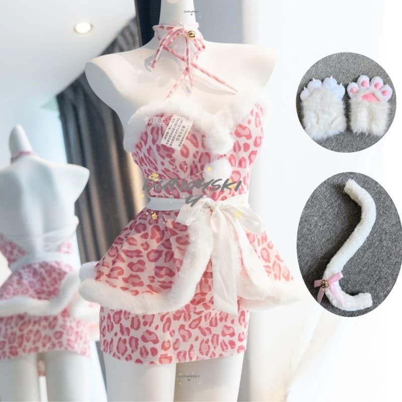 Y2K Harajuku Spicy Girl Cosplay Set with Handmade Pink Leoped Print, Necklace, Mini Christmas Pie Gown