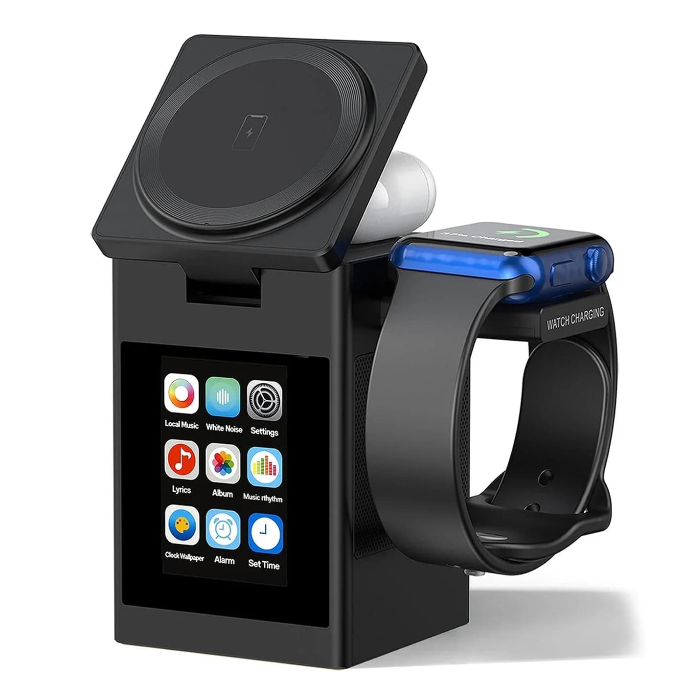 Schermo LED Caricatore wireless magnetico Supporto Altoparlante Bluetooth Sveglia per iPhone 17 16 15 14 Pro Max Apple Watch Airpods Pro