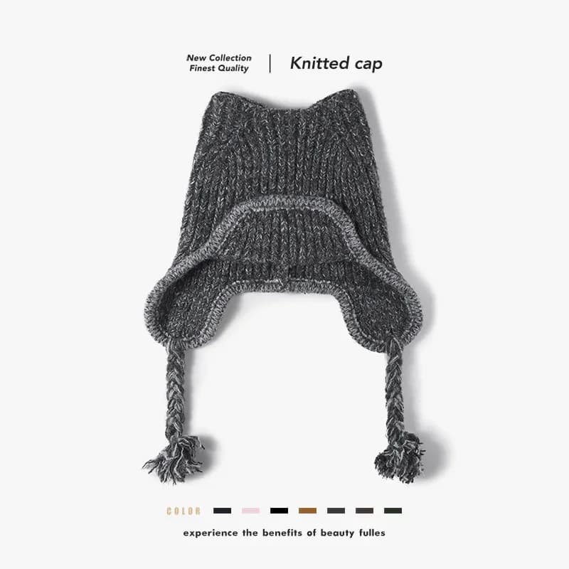 Women Autumn Winter Cat Ear Ear Cover Cable Knit Tie Wool Blend Pom Pom Warm Solid Beanie