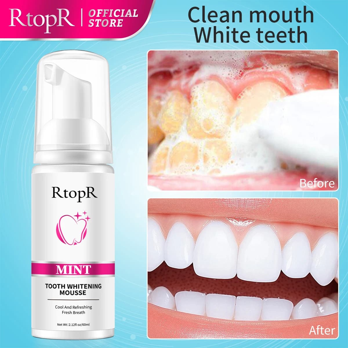 RtopR Mint Whitening Teeth Mousse teeth whitening removes dental plaque improves yellow teeth stains cleans fresh breath mouth