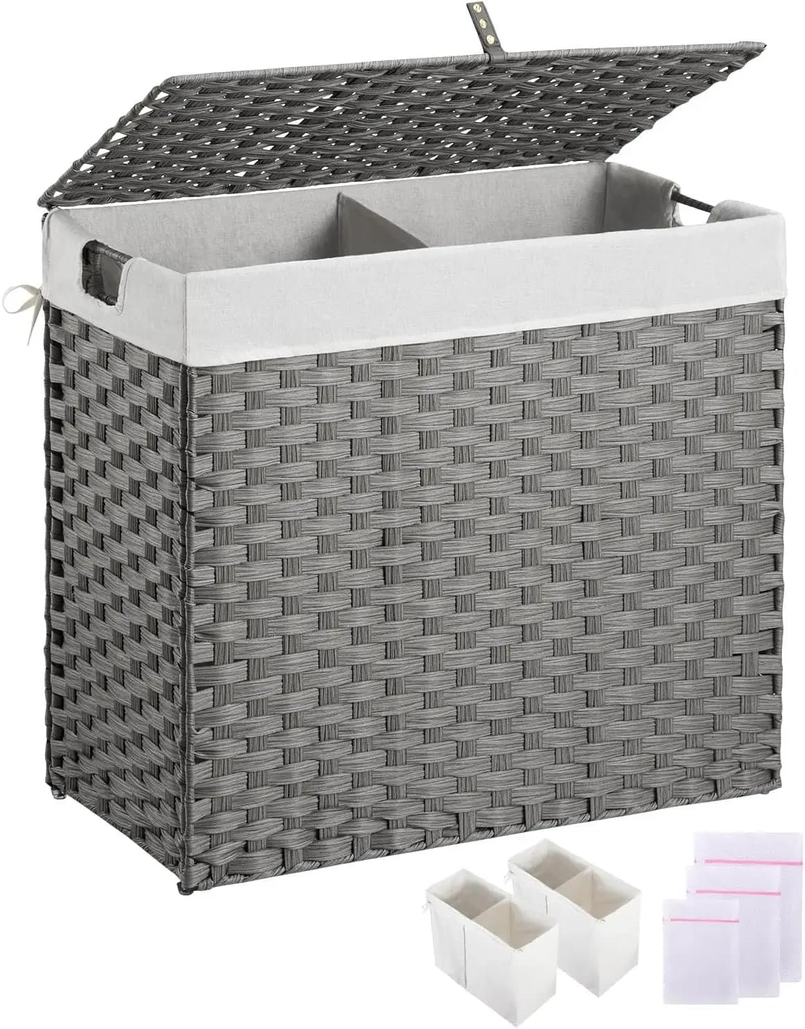 Cesto Portabiancheria in Vimini da 130L con Coperchio, 2 Sacchi Interni Rimovibili, Cesto Pieghevole in Rattan con Manici, Grigio