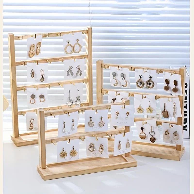 3-5 Tier Earring Display Stand for Earrings Wooden Jewelry Display Rackwith Removable Hooks, For Necklaces, Bracelets, Keychains