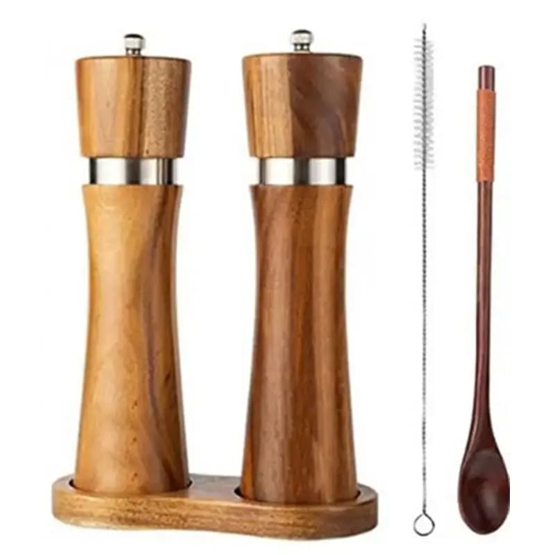Set da 8 pollici Macinino ad anello in acciaio Macinapepe in legno di acacia Macinapepe manuale con nucleo in ceramica Set di strumenti per agitatore di spezie per barbecue