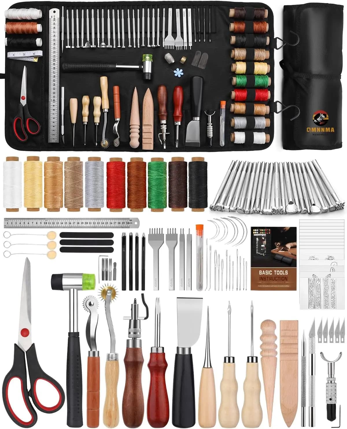 Kit per lavorazione pelle da 102 pezzi con custodia, strumenti per stampaggio per cucito, intaglio, taglio