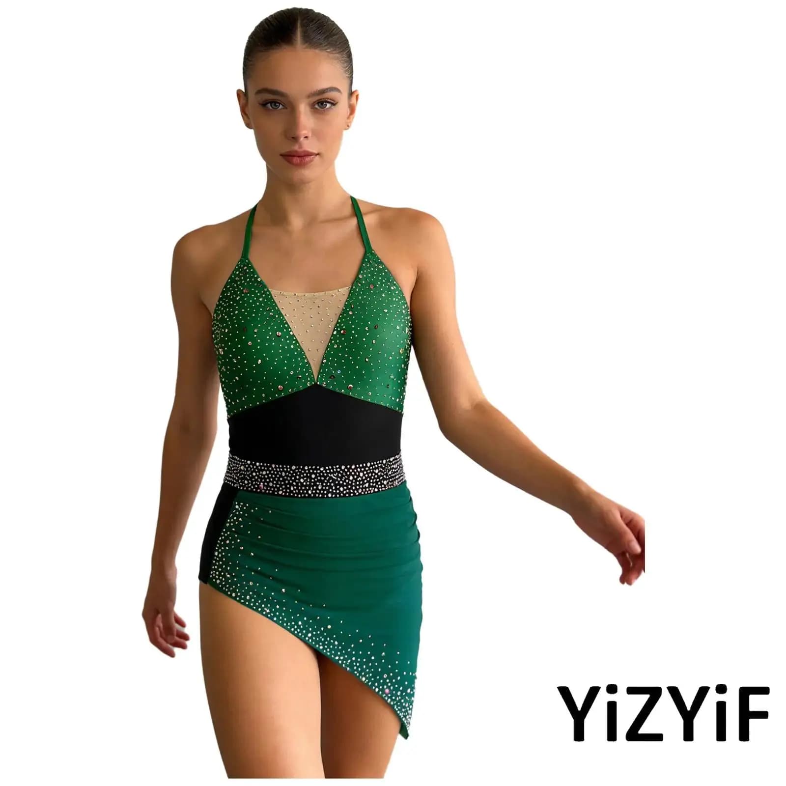 Body da Gara per Pattinaggio Artistico da Donna, con Strass Scintillanti e Inserti in Rete Irregolare Arricciata, per Danza Latina