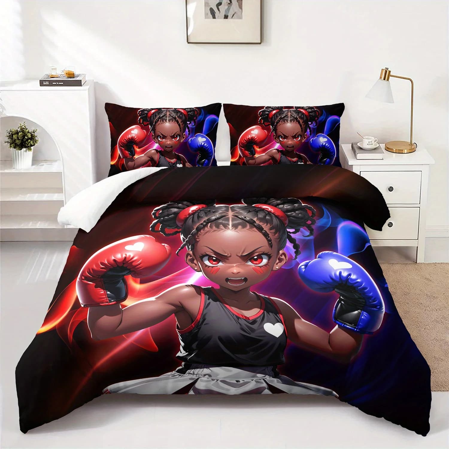 3 pezzi Anime Girl Boxer Set copripiumino Set biancheria da letto ragazza nera Set camera da letto ragazza adolescente Four Seasons (1 copripiumino + 2 federe