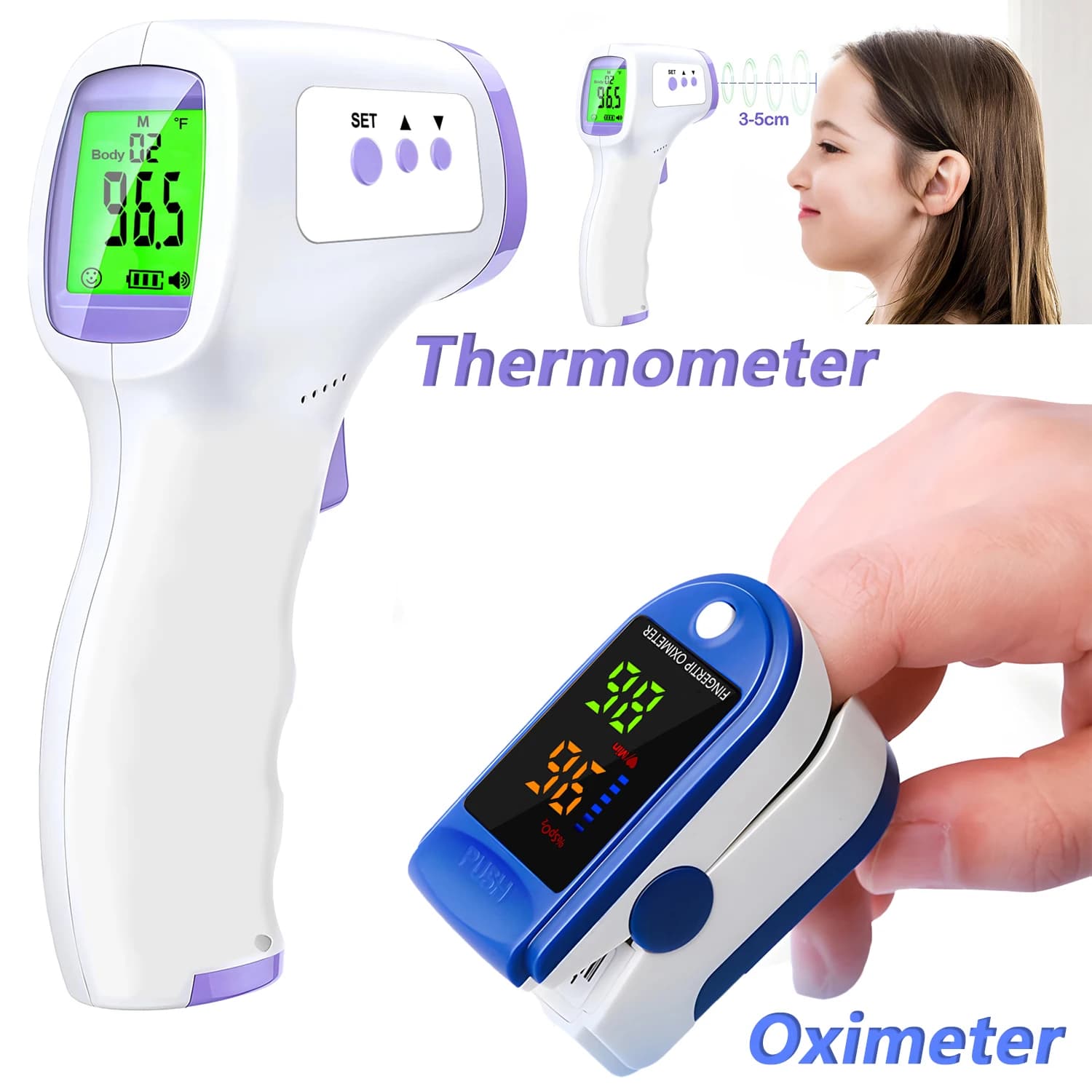Contactless IR Thermometer for Rapid Measuring of Body Temperature, Digital Thermometer for Fever or Mini Oximeter