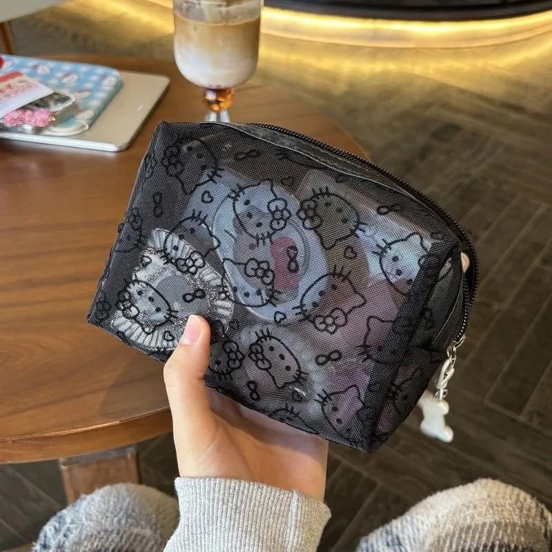 Borsa Cosmetica in Rete Nera Hello Kitty, Graziosa Pochette da Viaggio KT Cat, Piccolo Portamonete per Donne, Borsa Portarossetti, Regalo