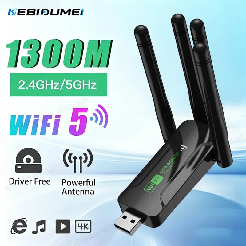 KEBIDUMEI 1300Mbps WiFi Network Card 2.4G/5Ghz Wi-Fi Dongle AX1300 USB 4-Antenna Wireless Receiver For PC/Laptop Driver Free