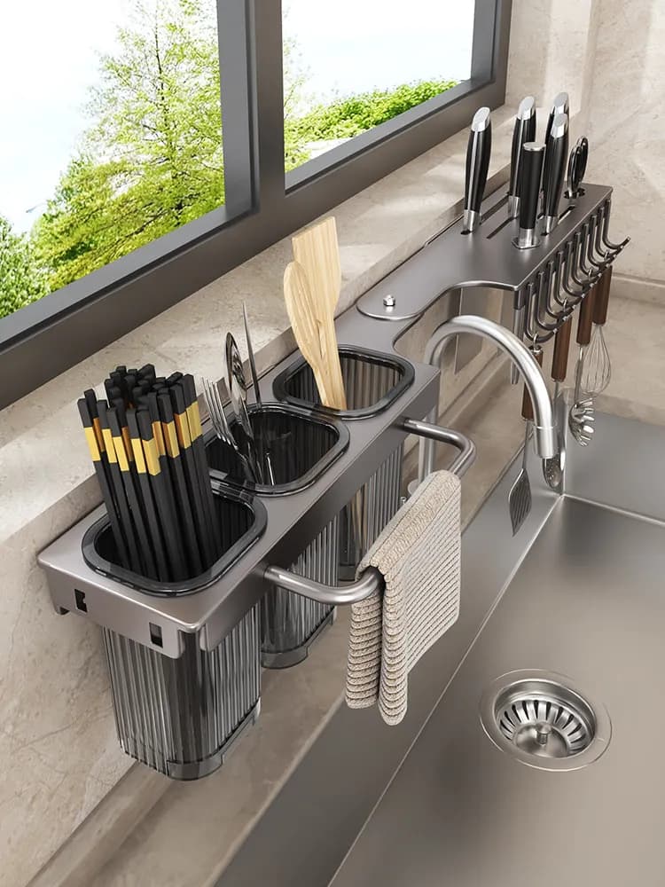 Stainless Steel Wall Kitchen Knife Holder, Storage Box Integrated with Bacchette Door, Without Drilling, Multifunctional